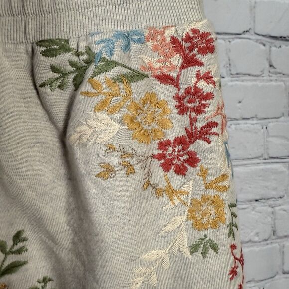 Driftwood Jeans French Terry Floral Embroidered Gathered Pants Tan Boho M - Picture 12 of 14